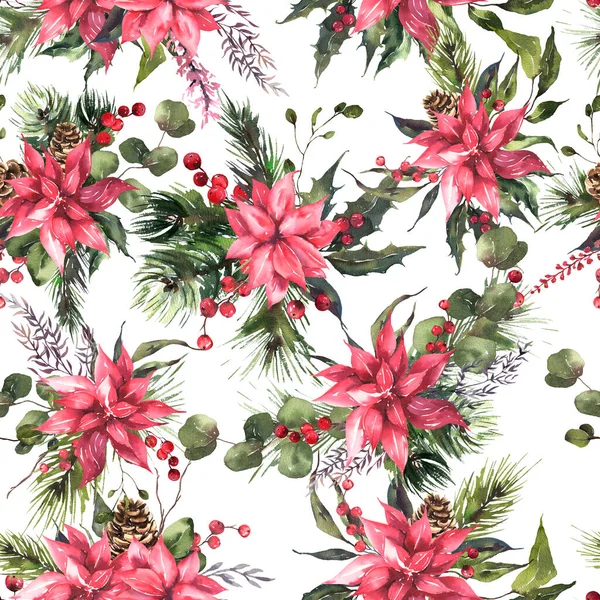Aquarelle motif sans couture de Noël. Aquarelle Baies, fleurs, feuilles, cônes de pin. — Photo