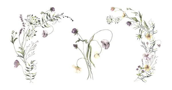 Aquarell Mittsommersträuße Kollektion mit handbemalten zarten Blättern, Blumen. Romantische Blumenarrangements perfekt für Hochzeits-Grußkarten, Einladungen. — Stockfoto