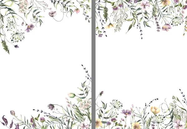 Aquarell Mittsommer Einladungsrahmen mit handgemalten zarten Blättern, rosa Blüten. Romantische wilde Blumen Rahmen perfekt für Hochzeits-Grußkarten, Einladung. — Stockfoto