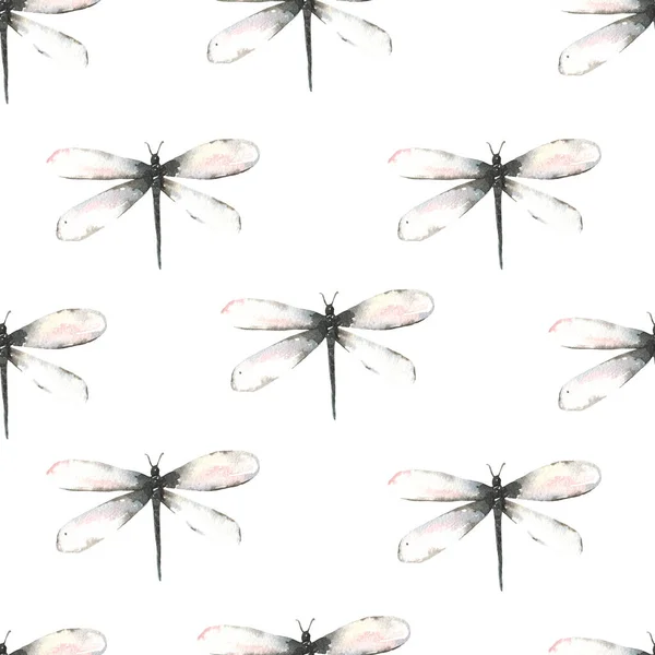 Seamless pattern with hand painted watercolor insects-dragonflies. — Stock Photo, Image