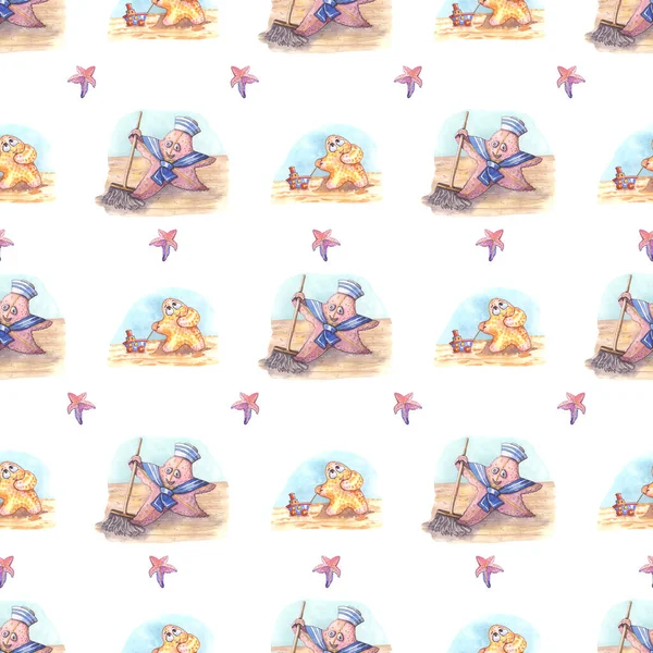 Морской Узор Моряками Морская Звезда Персонажи Мультяшном Стиле Окрашенные Акварель — стоковое фото