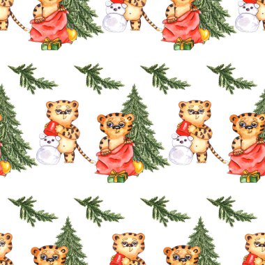 Kaplanlarda kusursuz desen. Suluboya. Çizgi film çocuk tarzı..