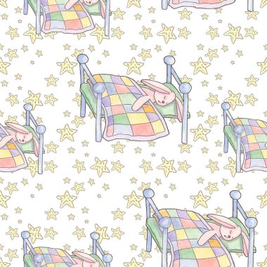 The toy sleeps at night in bed under a blanket