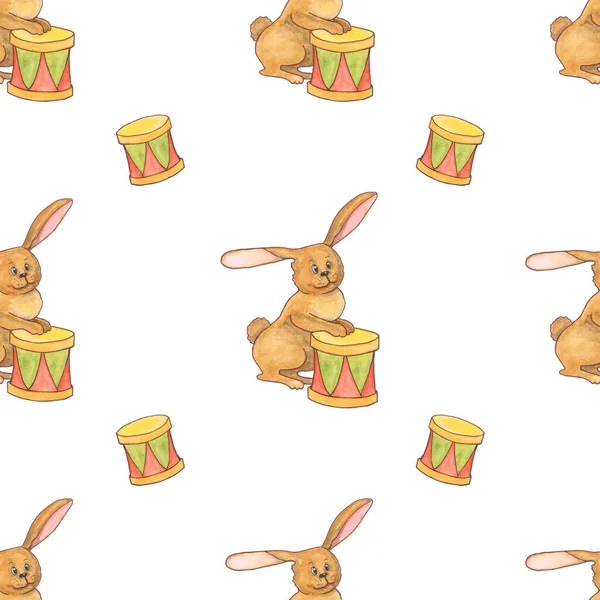 Lindo Conejo Conejo Con Tambor Dibujo Acuarela —  Fotos de Stock