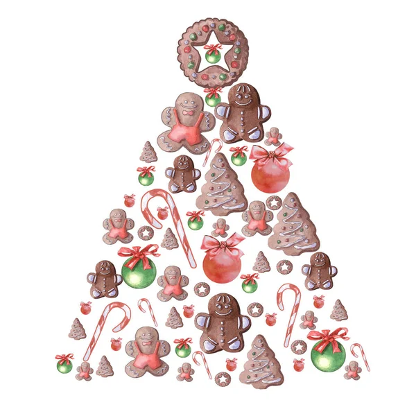 Mézeskalácsból Golyókból Készült Karácsonyfa Akvarell — Stock Fotó