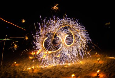 Fire show on the beach at night in Phuket, Thailand