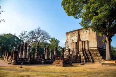 Wat Si Chum tapınağı ve Sukhothai tarihi parkındaki büyük Buda, Tayland