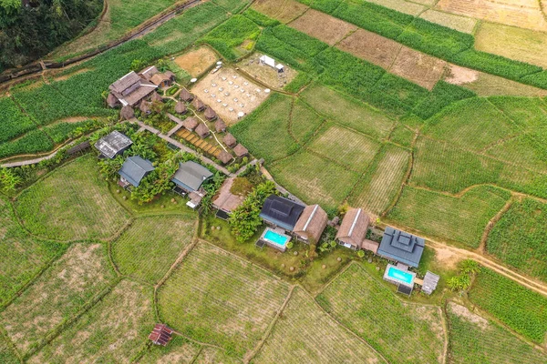 Tayland 'ın Nan ilindeki pirinç tarlalarının ortasındaki evlerin havadan görünüşü — Stok fotoğraf