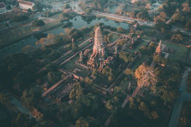 Phra Nakhon Si Ayutthaya 'daki Wat Phra Si Santhe tapınağının havadan görünüşü, Tayland, Güney Doğu Asya