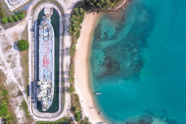 Aerial view of Thong Sala pier, boat and koh Tae Nai in koh Phangan, Thailand, south east asia