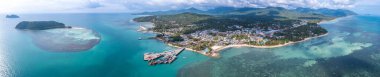 Aerial view of Thong Sala pier, boat and koh Tae Nai in koh Phangan, Thailand, south east asia