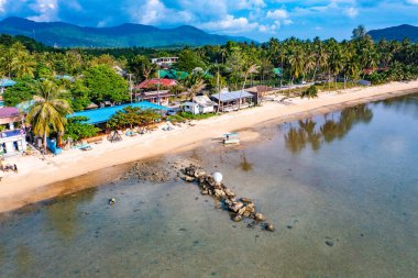 Aerial view of Hin Kong beach and its sand bank, in Koh Pha Ngan, Thailand, south east asia
