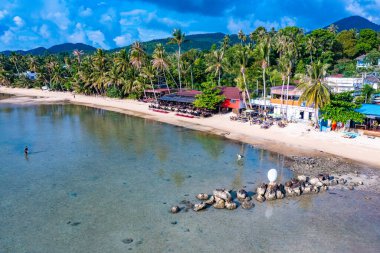Aerial view of Hin Kong beach and its sand bank, in Koh Pha Ngan, Thailand, south east asia