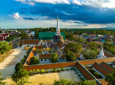 Aerial view of Wat Phra Mahathat Woramahawihan temple in Nakhon Si Thammarat, Thailand, south east asia