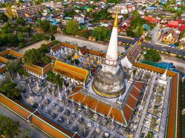 Aerial view of Wat Phra Mahathat Woramahawihan temple in Nakhon Si Thammarat, Thailand, south east asia