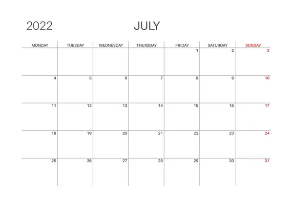 Plantilla de calendario para planificadores. Calendario 2022. — Vector de stock