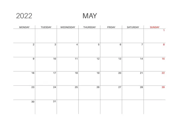プランナーのためのカレンダーテンプレート。カレンダー2022. — ストックベクタ
