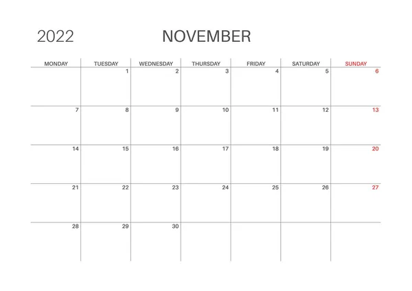 Plantilla de calendario para planificadores. Calendario 2022. — Vector de stock