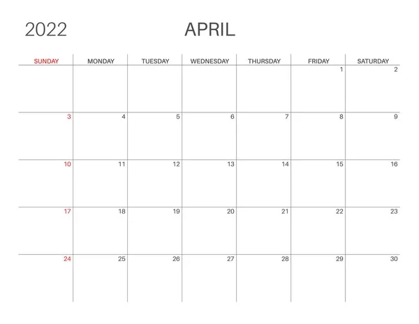 プランナーのためのカレンダーテンプレート。カレンダー2022. — ストックベクタ