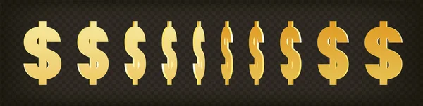 3D realistico simbolo del dollaro, icona. Rotazione segno del dollaro d'oro. — Vettoriale Stock