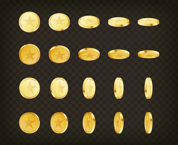 Moedas. Dinheiro de ouro. Conjunto de moedas de ouro rotativas —  Vetores de Stock
