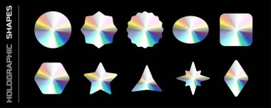 Bir dizi holografik şekil. Holografik çıkartma koleksiyonu.