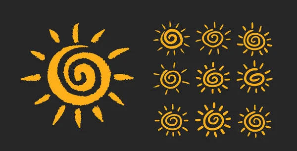 Solhandskritad symbol. Sun ikon som spiral på isolerad bakgrund. — Stock vektor
