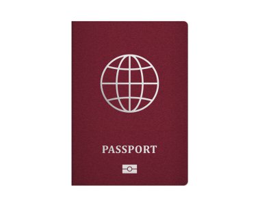 Kırmızı kapaklı uluslararası pasaport. Gerçekçi E-pasaport şablonu. Vektör illüstrasyonu