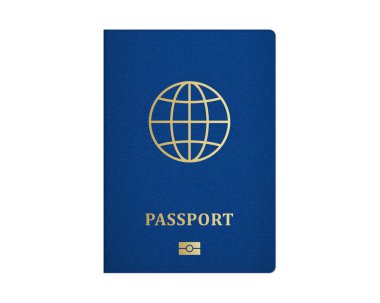 Mavi kapaklı uluslararası pasaport. Gerçekçi E-pasaport şablonu. Vektör illüstrasyonu
