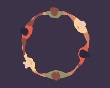 Çember oluşturan bir grup insan. Çeşitlilik konsepti. Üst Manzara. Çeşitli topluluklar veya takımlar. Siyah ve beyaz insanlar bir arada. Uyum, birlik veya dayanışma konsepti. Düz vektör illüstrasyonu