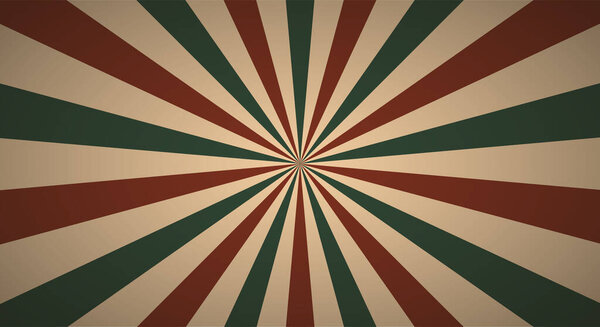 Retro background with rays or stripes in the center. Sunburst or sun burst retro background. Star burst abstract backdrop. Red, green color. Vector illustration