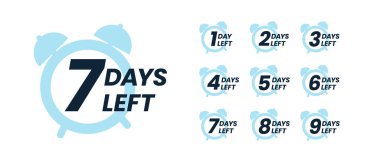 Geri sayım pankartı. Çalar saati olan bir web pankartı, mesaj bırakılmış günleri ve numaraları. Son teklif pankartlarının seti. Son dakika teklifi ya da geri sayım pankartı. Promosyon indirimi afişi. Günler sayılı. Vektör