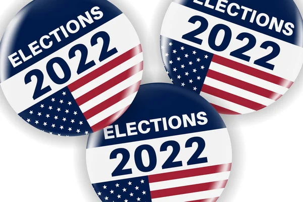 美国国旗上有一套现实的圆形别针或徽章 美国选举 投票标志 2022年中期选举 负责任的投票徽章或徽章 平躺在床上顶部视图 说明1 — 图库照片