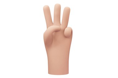 3d hand gesture symbol. Three fingers gesture. 3d render. Hand with three fingers raised. White skin