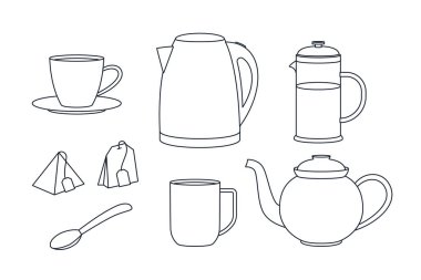 Set of appliances for tea brewing and drinking. Kettle, brewer, teapot, teaspoon and cup. Empty and full french press. Outline vector illustration