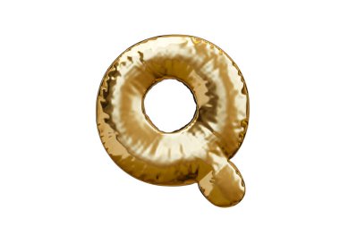 Balloon q letter. Inflated balloon font. Golden foil letter. Applicable for party, celebration design. Helium realistic letter. 3d rendering illustration.