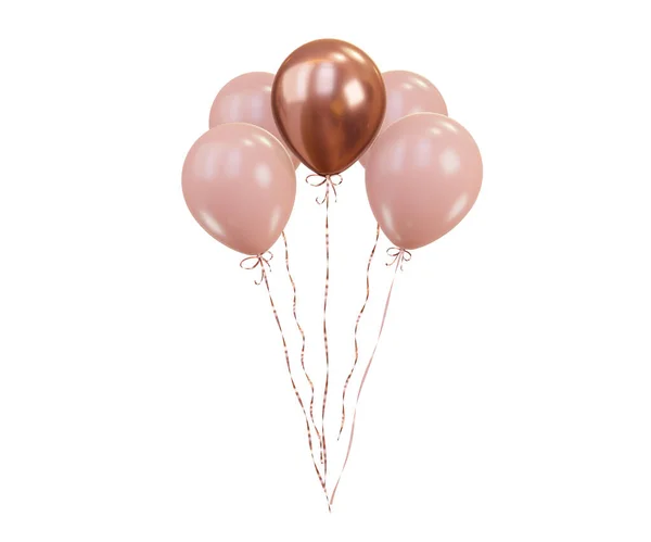 Bunch of pink and rose gold balloons on white isolated background. Gold ribbons. Applicable for holiday invitation design. Luxury helium balloons. 3d rendering illustration
