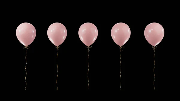黒い隔離された背景にピンクの気球 金リボン付きヘリウム風船 3Dレンダリング — ストック写真