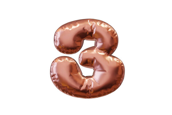 Balloon rose gold number. Golden balloon three number. Applicable for birthday party holiday event, party design. Metallic glossy golden number. 3d rendering illustration.