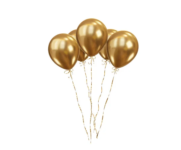 Bunch Gold Balloons White Isolated Background Gold Ribbons Applicable Holiday — Stock Photo, Image