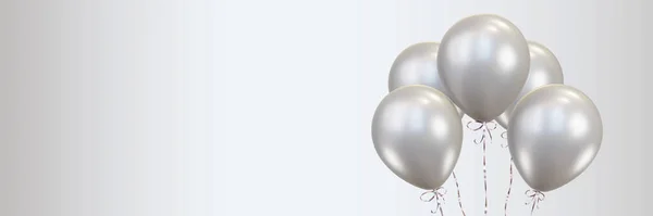 Bunch Silver Metallic Balloons Ribbons Holiday Banner Pastel Pink Background — Stock Photo, Image