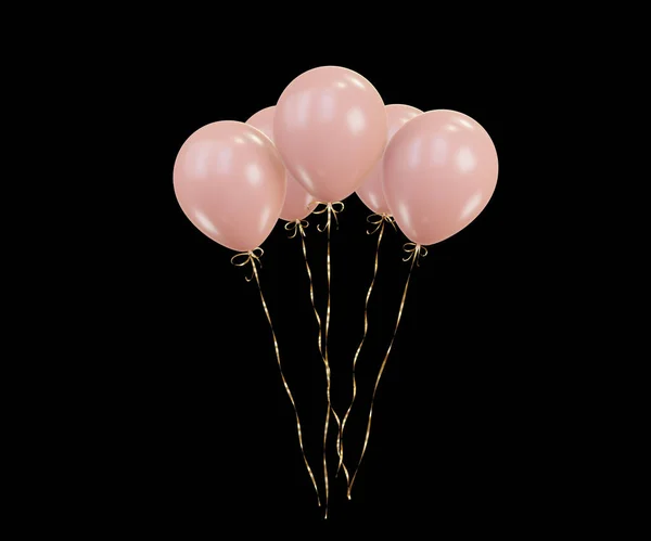 Bunch Pink Balloons Black Isolated Background Gold Ribbons Applicable Holiday — Stock Photo, Image