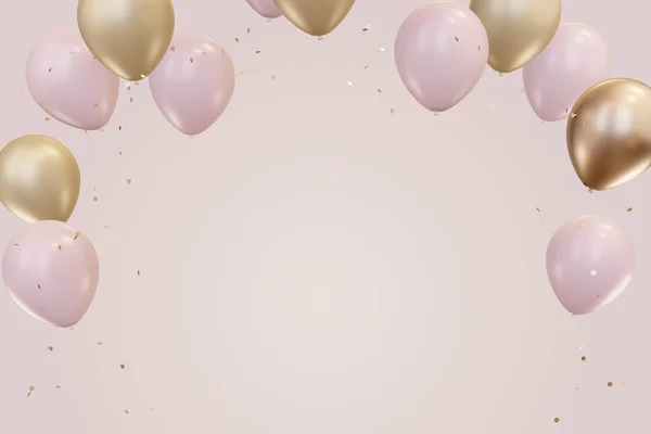 Pink and gold balloons. Pastel pink background. Applicable for birthday party invitation or sale banner. Celebration template. 3D rendering illustration.