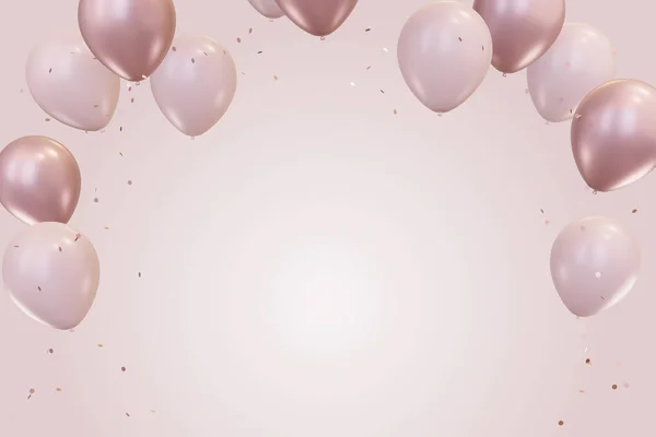 Pink and rose gold balloons. Pastel pink background. Applicable for birthday party invitation or sale banner. Celebration template. 3D rendering illustration.