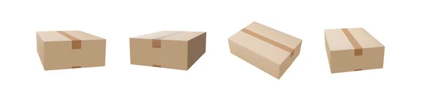 隔離された背景にセットされた配達箱 テープとラベル付きの段ボールやカートン現実的な配達ボックス 3D現実的なパッケージボックス ベクターイラスト — ストックベクタ