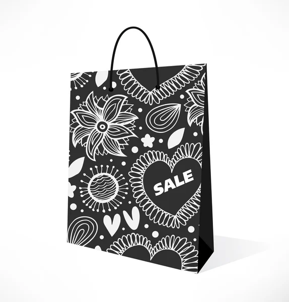 Bolso preto e branco isolado. Ornamental com flores padrão saco de papel. Pacote, pacote, pacote — Vetor de Stock