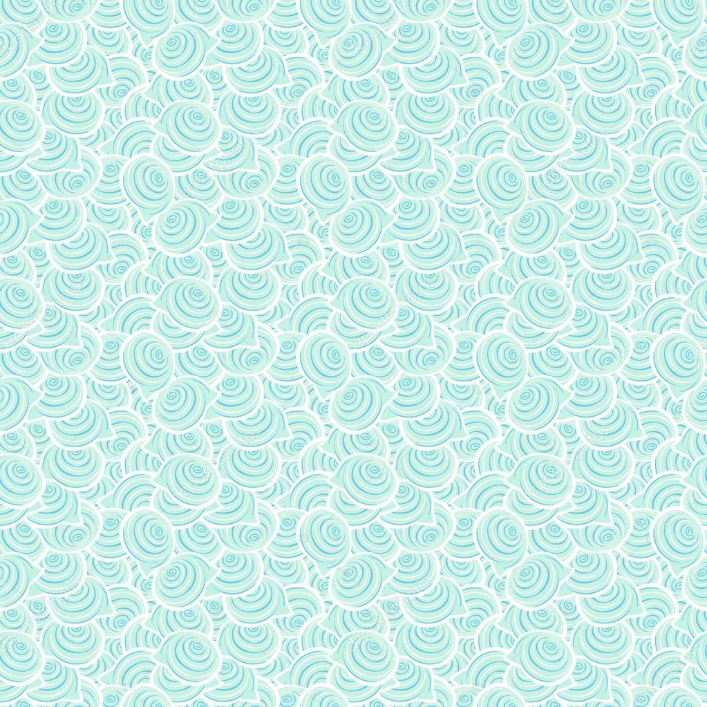 Light blue seamless pattern with spiral shells. Ocean background