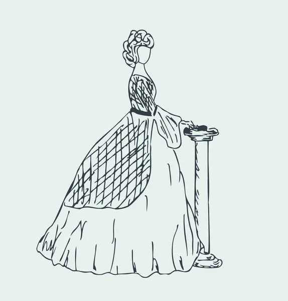 รูปภาพของผู้หญิงโบราณ ผู้หญิง Sketchy สีลูเอทในเสื้อผ้าย้อนยุค ผู้หญิงสไตล์สูงในชุดลูกบอล คนสูงส่ง — ภาพเวกเตอร์สต็อก