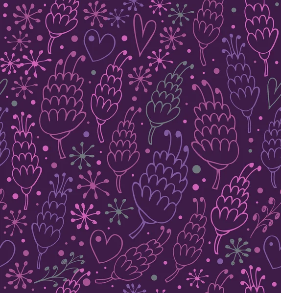 Romantische nahtlose Muster mit Blumen und Herzen Fantasie verzierten Hintergrund für Drucke, Textilien, Scrapbooking, Bastelpapiere — Stockvektor