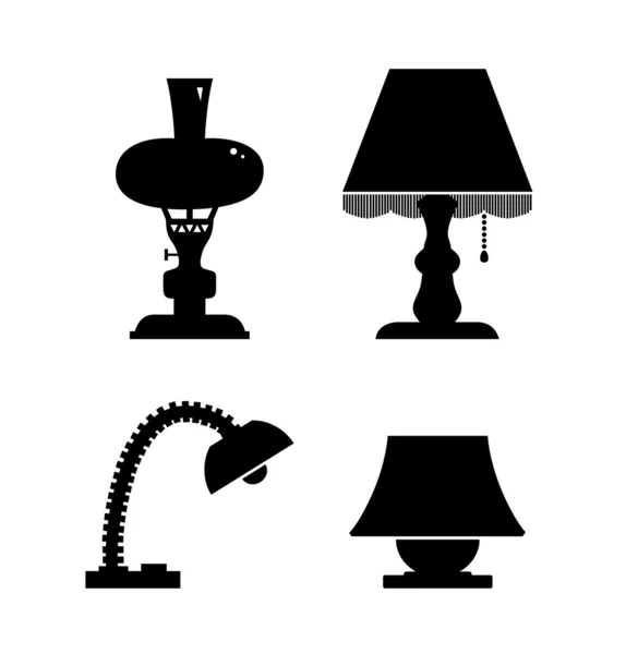 Ensemble de silhouettes de contour isolées noires de lampes de table Collections d'icônes de lampes de lecture Pictogrammes de lampes — Image vectorielle